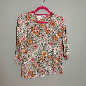 J Jill Petite Womens Floral Print 3/4 Sleeve Button Front Top Shirt Orange Pink